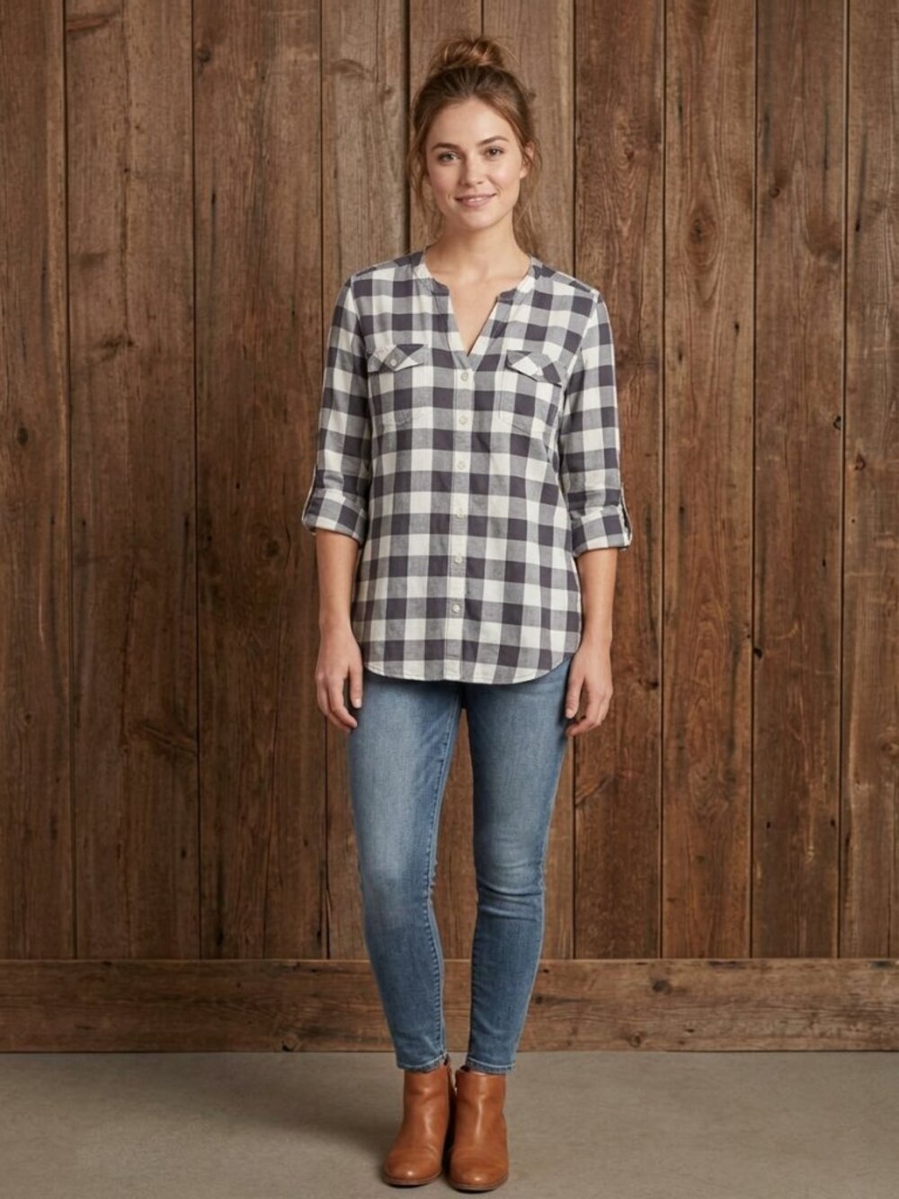 OLD Navy Size Med Grey plaid top with rolled sleeves